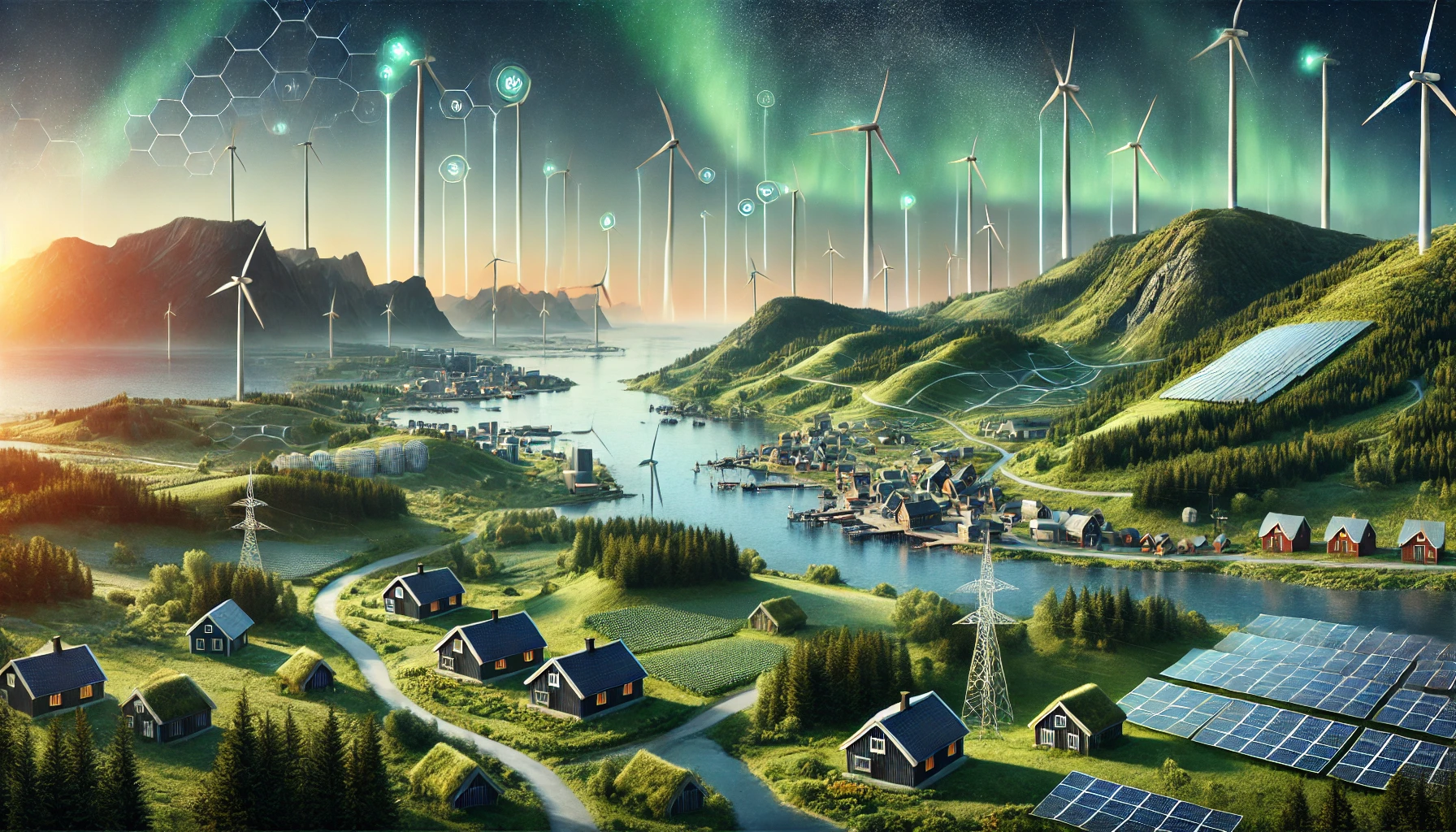 DALL·E 2024-09-04 14.46.28 – A scenic landscape in Northern Europe and Scandinavia highlighting the adoption of the FLEX market. The view includes vast green hills, coastal wind f electricity prices in spain